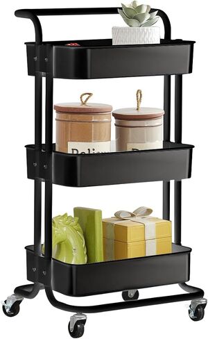 3-Tier Utility Rolling Cart,Mobile Utility Cart with Lockable Caster Wheels, Metal Organization Cart with Handle Multifunctional Storage Shelves for Kitchen Living Room Office Pink in Saudi Arabia