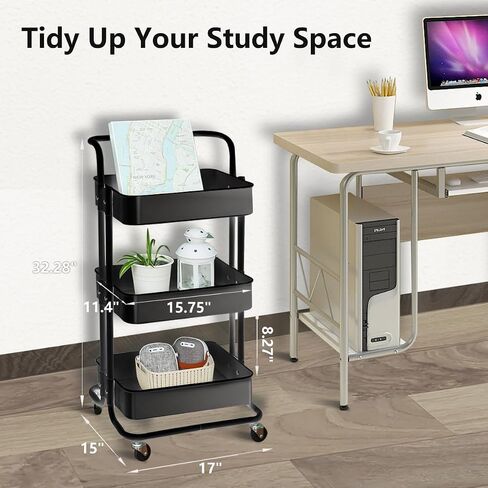 3-Tier Utility Rolling Cart,Mobile Utility Cart with Lockable Caster Wheels, Metal Organization Cart with Handle Multifunctional Storage Shelves for Kitchen Living Room Office Pink in Saudi Arabia