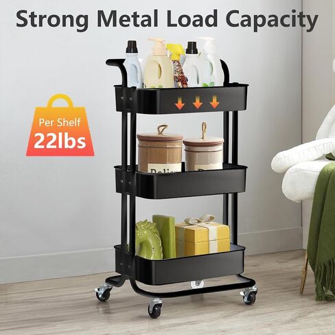 3-Tier Utility Rolling Cart,Mobile Utility Cart with Lockable Caster Wheels, Metal Organization Cart with Handle Multifunctional Storage Shelves for Kitchen Living Room Office Pink in Saudi Arabia