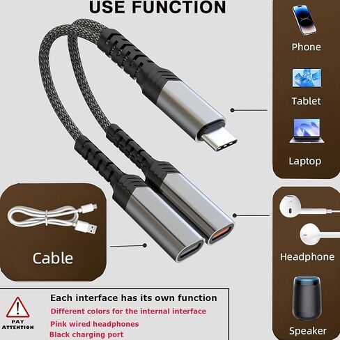 Type C Distributor,Dual USB C Headphone and Charger Adapter,2-in-1 USB C Audio and PD 60W Fast Charging Distributor,Suitable for iPhone 16/15,iPad,MacBook,Galaxy S24/S23 (Gray) in Saudi Arabia