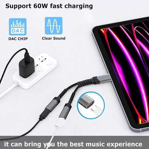 Type C Distributor,Dual USB C Headphone and Charger Adapter,2-in-1 USB C Audio and PD 60W Fast Charging Distributor,Suitable for iPhone 16/15,iPad,MacBook,Galaxy S24/S23 (Gray) in Saudi Arabia