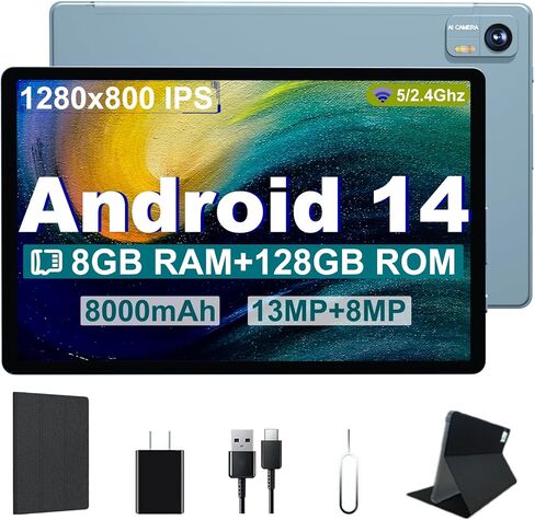 Android 14 Tablet, 10.1 Inch Android Tablet PC, 8GB RAM 128GB ROM 1TB Expand, 8000mAh Battery, Octa-Core 10.1 Inch with 13MP+8MP Camera/Bluetooth/GPS/WiFi/HD Display (Light Blue) in Saudi Arabia
