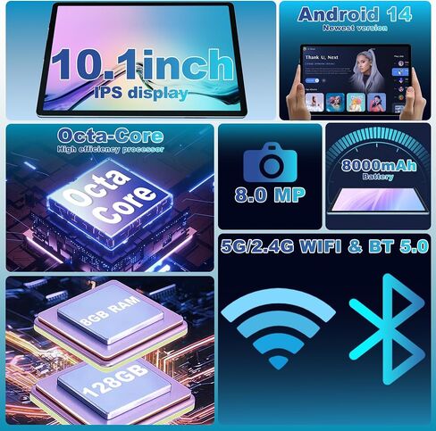 Android 14 Tablet, 10.1 Inch Android Tablet PC, 8GB RAM 128GB ROM 1TB Expand, 8000mAh Battery, Octa-Core 10.1 Inch with 13MP+8MP Camera/Bluetooth/GPS/WiFi/HD Display (Light Blue) in Saudi Arabia