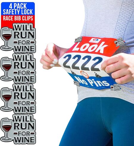 Metal “Will Run for Wine" Event Clips | bibSNAPS Safety Lock Bib Clips, Eliminate Safety Pins, Metal Event Clips, Clothing Pins Replacement, for Securing Running and Cycling Number in Kuwait