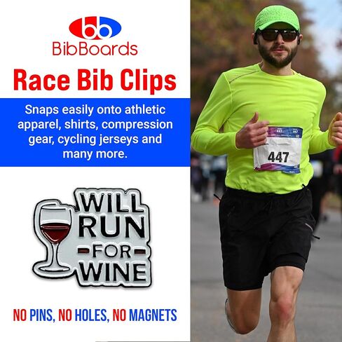 Metal “Will Run for Wine" Event Clips | bibSNAPS Safety Lock Bib Clips, Eliminate Safety Pins, Metal Event Clips, Clothing Pins Replacement, for Securing Running and Cycling Number in Kuwait