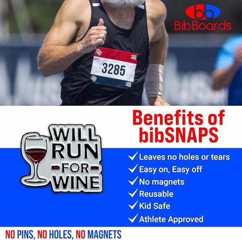 Metal “Will Run for Wine" Event Clips | bibSNAPS Safety Lock Bib Clips, Eliminate Safety Pins, Metal Event Clips, Clothing Pins Replacement, for Securing Running and Cycling Number in Kuwait