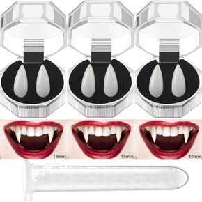 vovea أنياب أسنان مصاصي الدماء - أسنان وهمية للهالوين، أنياب مصاص دماء واقعية، إكسسوارات زي مصاصي الدماء للنساء والرجال في حفلات الهالوين، 3 أزواج 3 أحجام مع مادة لاصقة in Kuwait