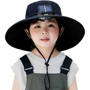 Solar Fan Hat, Sun Hats for Kids Wide Brim Boy/Girl Summer Hat with 3-Speed Cooling Fans for Beach, Hiking, Fishing