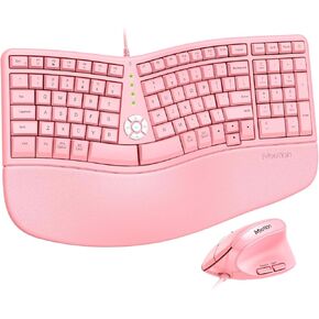 MEETION Ergonomic Keyboard and Mouse Wired, Ergo Computer Split Keyboard with Cushioned Wrist Rest and Vertical Mouse - Type Natural Keyboard for Laptop PC Desktop, Compatible with Windows/Mac Pink