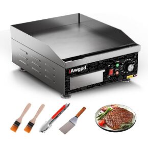 Commercial Electric Griddle,1800W Electric Flat Top Griddle Grill Indoor, 14 Inch Teppanyaki Flat Top Grill Stainless Steel Temperature Control 90℉-575℉ for Home or Restaurant Use