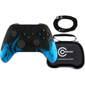 Custom Controllerzz Blue Flame Controller Bundle – Includes Blue Flame Custom Wireless Controller for Xbox Series X/S, Xbox One, PC & Braided USB-C Cable & Universal Protective Case