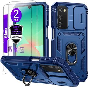 YmhxcY for Galaxy A03S Case with Camera Cover Slider, 2*Tempered Glass Screen Protectors,Build in 360°Rotating Ring Kickstand, Military Grade Protective Case for Galaxy A03S-Black