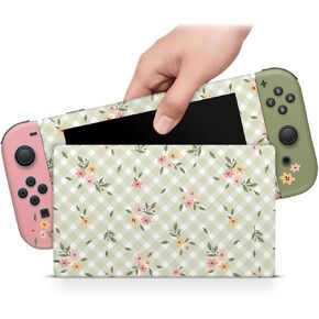 Zoomhitskins OLED SWITCH PINK ، متوافق مع التفاف البشرة OLED ، نكهة الربيع الأخضر الأزهار الأزهار القماش القطني