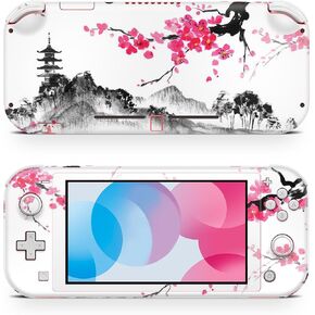 ZOOMHITSKINS Switch Lite Accessories, Compatible for Switch Lite Skin, Pink Cherry Blossom Japan Temple Asia Black Pastel Flowers, 3M Vinyl, Durable & Fit, Easy to Install, Made in The USA