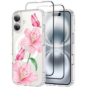 OOK Magnetic Case for iPhone 15 Plus Case Cute Flower Butterfly Design with 2 PCS Screen Protector [Compatible with MagSafe] for Girls Women Floral Clear Slim Phone Cover-Pink Lily Flower