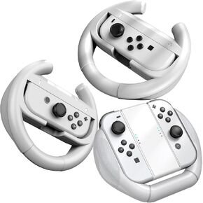 Switch Steering Wheels Compatible with Switch/Switch OLED Joy-Con Controllers, Racing Wheels for Mario Kart 8 Deluxe, Switch Accessories Racing Wheel Kit Grips, 3 Pack [White]