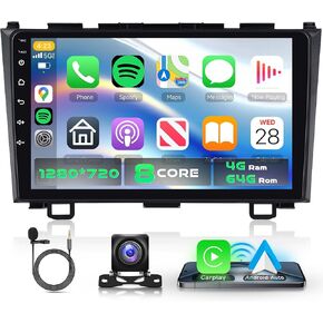 8-Core 4G+64G Car Radio for Honda CRV 2007-2011 with Qualcomm Snapdragon chip, Car Stereo Carplay Android Auto 3D car Model Display GPS WiFi 9 Inch IPS Touchscreen Mirror Link Camera