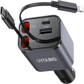 iPhone Car Charger Retractable Fast Phone Chargers, 4 in 1 Car Charger Cigarette Lighter Adapter with 2 Cables 30 Inch and 2 USB Ports, for iPhone 16/15/14/13/Pro, Gifts for Women Men-[Upgraded]