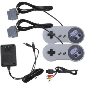 2-Pack Wired Controllers with AV Cable Power Adapter Bundle, Retro Gamepad Console for Super Nintendo SNES, Gray