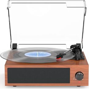 Vintage Record Player with Built-in Stereo Speakers Turntable Vinyls Records LP Phonograph Belt Drive 3 Speed 3 Size Support Wireless Input RCA Output Auto Stop Retro Wooden Walnut Red