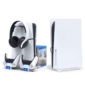 Finera vertical Stand مع محطة شحن وحدة تحكم متوافقة مع P5 Slim Digital/Disc ، محطة شحن وحدة التحكم المزدوجة مدفوعا. حامل سماعات الرأس ، 10 فتحات لعبة