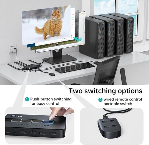 MT-VIKI KVM Switch HDMI 4 Port Boxes, 4K@30Hz USB HDMI KVM Console for 4 PCs Share 1 HD Monitor and Keyboard Mouse, Button + Desktop Selector Switching in Kuwait