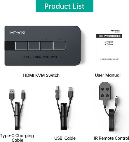 MT-VIKI KVM Switch HDMI 4 Port Boxes, 4K@30Hz USB HDMI KVM Console for 4 PCs Share 1 HD Monitor and Keyboard Mouse, Button + Desktop Selector Switching in Kuwait