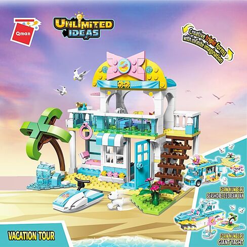 مجموعة ألعاب البناء للفتيات من QMAN، لعبة مكعبات بناء شاحنة الآيس كريم الوردية، لعبة سيارة مبيعات حلويات المدينة، فكرة هدية رائعة للفتيات من سن 6 إلى 12 سنة فما فوق (388 قطعة) in Kuwait