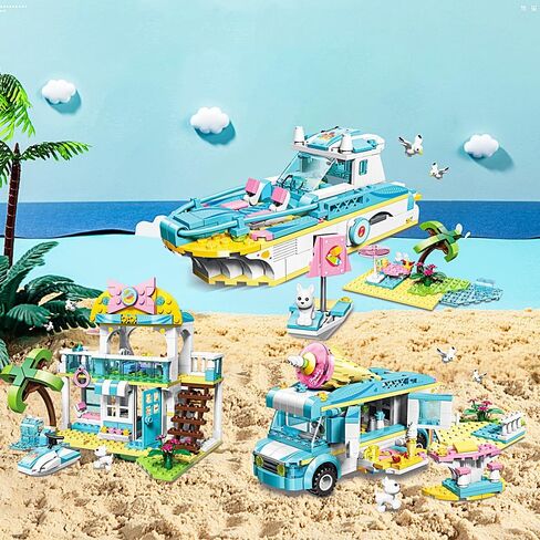 مجموعة ألعاب البناء للفتيات من QMAN، لعبة مكعبات بناء شاحنة الآيس كريم الوردية، لعبة سيارة مبيعات حلويات المدينة، فكرة هدية رائعة للفتيات من سن 6 إلى 12 سنة فما فوق (388 قطعة) in Kuwait