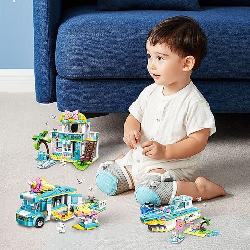 مجموعة ألعاب البناء للفتيات من QMAN، لعبة مكعبات بناء شاحنة الآيس كريم الوردية، لعبة سيارة مبيعات حلويات المدينة، فكرة هدية رائعة للفتيات من سن 6 إلى 12 سنة فما فوق (388 قطعة) in Kuwait