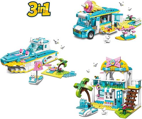 مجموعة ألعاب البناء للفتيات من QMAN، لعبة مكعبات بناء شاحنة الآيس كريم الوردية، لعبة سيارة مبيعات حلويات المدينة، فكرة هدية رائعة للفتيات من سن 6 إلى 12 سنة فما فوق (388 قطعة) in Kuwait