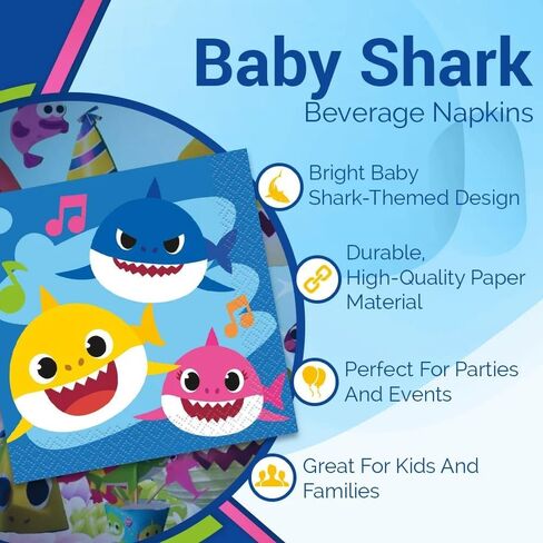 Baby Shark Multicolored Beverage Napkins, 5" - 16-Pack - Vibrant 2-Ply Paper Napkins, Perfect for Kid's Parties in Saudi Arabia