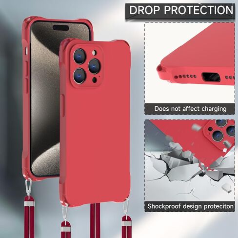 Crossbody for iPhone 15 Pro Case, Lanyard Protective Liquid Silicone Case with Adjustable Length Detachable Lanyard Rope Shockproof Hands-Free Clear Phone Cover for iPhone 15 Pro-Red in Kuwait