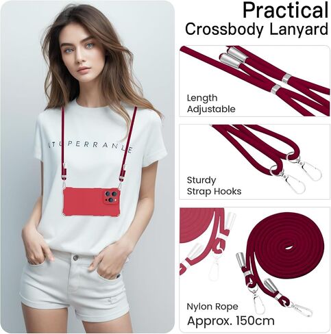 Crossbody for iPhone 15 Pro Case, Lanyard Protective Liquid Silicone Case with Adjustable Length Detachable Lanyard Rope Shockproof Hands-Free Clear Phone Cover for iPhone 15 Pro-Red in Kuwait