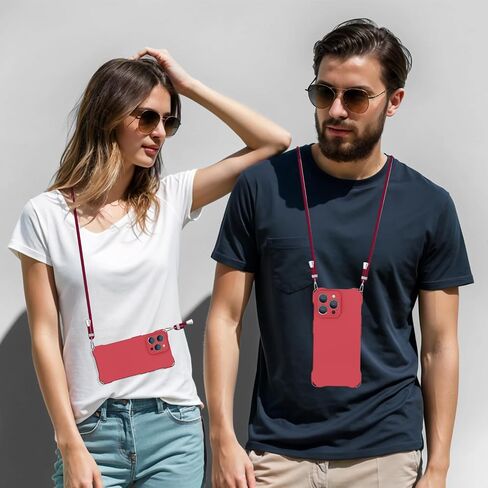 Crossbody for iPhone 15 Pro Case, Lanyard Protective Liquid Silicone Case with Adjustable Length Detachable Lanyard Rope Shockproof Hands-Free Clear Phone Cover for iPhone 15 Pro-Red in Kuwait