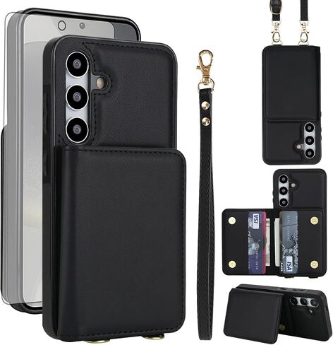 ASUWISH PHONE CASE لـ SAMSUNG GALAXY S24 FE 5G Wallet Cell Cover مع حامي الشاشة الزجاجية المقسى معصم Crossbody Strap RFID حامل بطاقة الائتمان S 24 EF AI S24FE in Saudi Arabia
