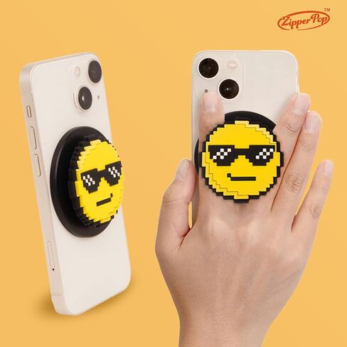 3D Pixel Dot Phone Grip & Stand Holder Compatible with MagSafe - Cool Face Sunglass Emoji (Black) in Saudi Arabia