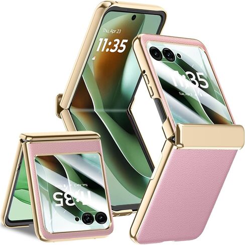 for Motorola Razr 2025 Case with Hinge Protection, Premium PU Leather Case with Rear Screen Protector Scratch-Resistant Shockproof Full Coverage Cover for Motorola Razr 60 2025 Pink+Gold in Kuwait