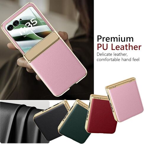 for Motorola Razr 2025 Case with Hinge Protection, Premium PU Leather Case with Rear Screen Protector Scratch-Resistant Shockproof Full Coverage Cover for Motorola Razr 60 2025 Pink+Gold in Kuwait
