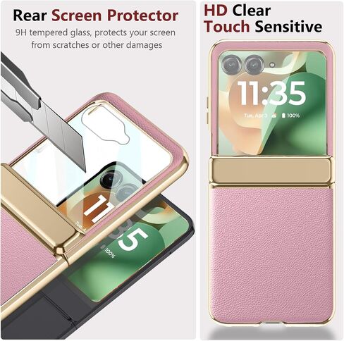 for Motorola Razr 2025 Case with Hinge Protection, Premium PU Leather Case with Rear Screen Protector Scratch-Resistant Shockproof Full Coverage Cover for Motorola Razr 60 2025 Pink+Gold in Kuwait