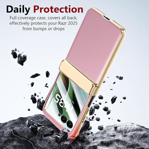 for Motorola Razr 2025 Case with Hinge Protection, Premium PU Leather Case with Rear Screen Protector Scratch-Resistant Shockproof Full Coverage Cover for Motorola Razr 60 2025 Pink+Gold in Kuwait