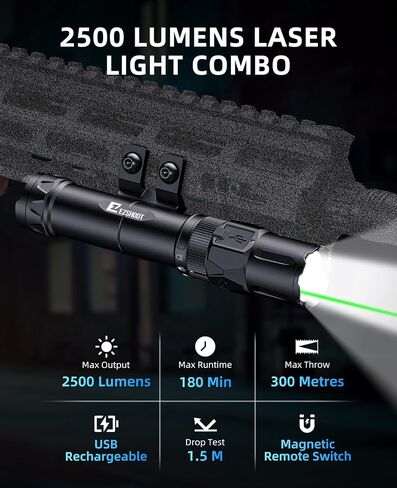 Ezshoot 2500 Lumens Rifle Laser Light Combo مع مفتاح ضغط عن بُعد مغناطيسي ، مصباح يدوي ببندقية قابل لإعادة الشحن متوافق مع M-rail ، مصباح AR التكتيكي مع شعاع الليزر الأخضر in Kuwait