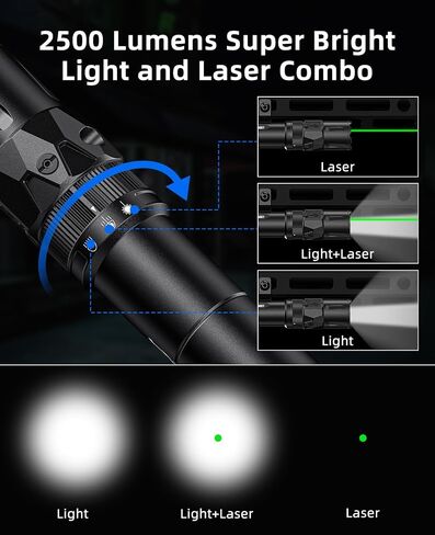 Ezshoot 2500 Lumens Rifle Laser Light Combo مع مفتاح ضغط عن بُعد مغناطيسي ، مصباح يدوي ببندقية قابل لإعادة الشحن متوافق مع M-rail ، مصباح AR التكتيكي مع شعاع الليزر الأخضر in Kuwait