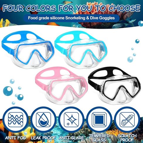 Hoolerry 4 Pcs Kids Goggles with Nose Cover for 3-8 Tempered Glass Snorkel Dive Mask Anti Fog with Elastic Strap No Leak Swimming Mask for Summer Scuba Diving Snorkeling, 4 Colors in Saudi Arabia