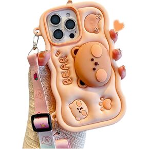 for iPhone 12 Case 3D Cute Cookie Bear Silicone Cover with 3D Bear Stand and Kawaii Shoulder Strap Kids Girls Soft Funny Shockproof TPU Case for iPhone 12 6.1''(Brown)