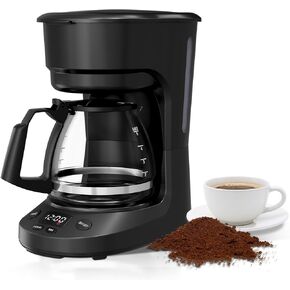 5-Cup Drip Coffee Maker with 24h Programmable Timer, Coffee Machine with Glass Carafe, 25oz Water Reservoir, Ideal for Home/Office/Outdoor - Black