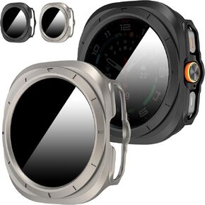 Suoman 2-Pack for Samsung Galaxy Watch 7 Ultra 47mm Case, [Anti-Peeping] Tempered Glass Privacy Screen Protector, All-Round PC Matte Protective Cover Bumper -Black+Black