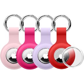 [4 Pack] Compatible with AirTag Holder Case for Air Tag Keychain [Anti-Scratch] [PC+Silicone] for AirTags Key Ring Chain for GPS Item Finders Accessories, Black/Pink/Teal Green/Grey Blue