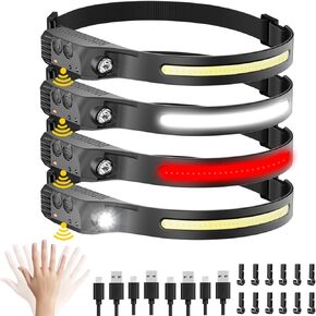 Rechargeable Headlamp with Red Light 2PCS, Motion Sensor 230° Head Lamp, Hard Hat Light for Adults, Headlight for Forehead, LED Headband Flashlight for Work, Running, Camping Essentials Gear