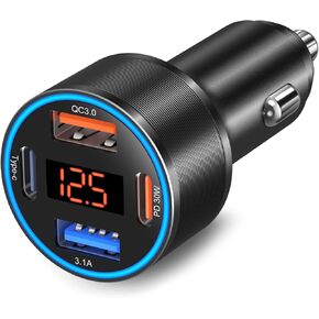 USB C Car Charger, 4-Port 65W Dual 12V USB-A & USB-C Car Phone Charger with Voltmeter PD/QC 3.0 Fast Charging Cigarette Lighter Adapter for iPhone 16e 15 14 13 12 11 Pro Max,Samsung, Android(Black)